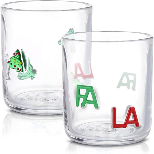 Icon Juice Glasses, 14oz Stemless Wine Drinking Juice Glass Cup for Valentine Party Supplies Gift(2 Pcs,Christmas Fa La)