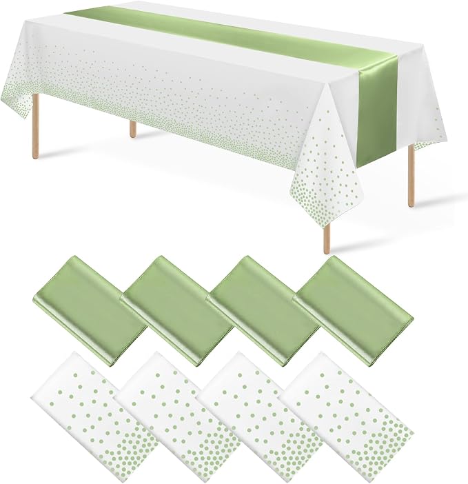 8Pack Plastic Tablecloths and Satin Table Runner Set Disposable White and Sage by MASHAN
