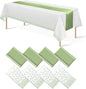 8Pack Plastic Tablecloths and Satin Table Runner Set Disposable White and Sage by MASHAN
