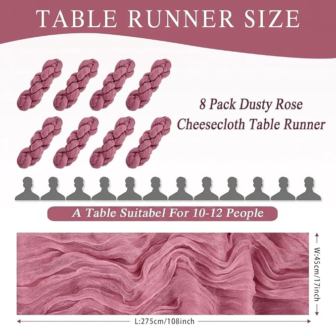 8 Pack Dusty Rose Cheesecloth Table Runner 17x108 inch Boho Gauze Cheese Cloth - Image 2