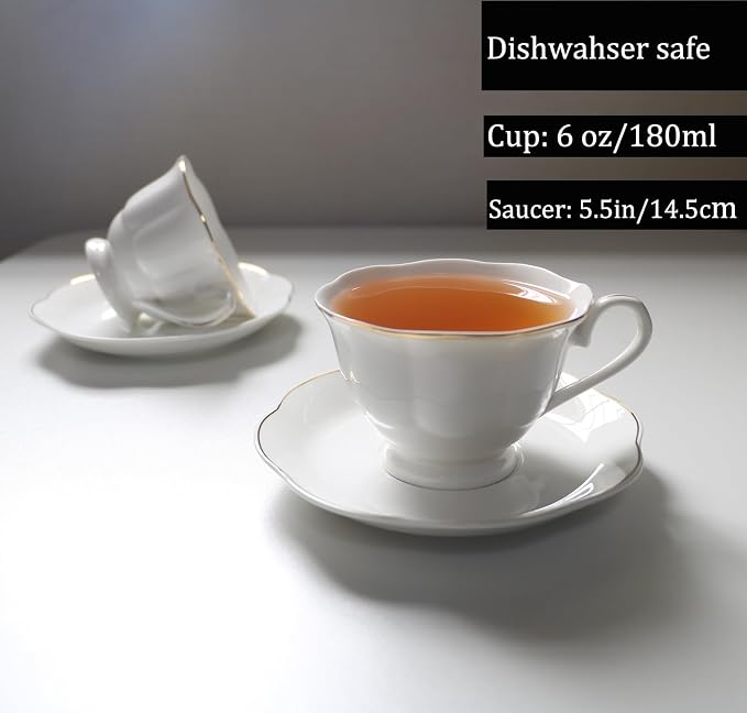 Guangyang 12 Pieces Tea Cup set Fine Porcelain 6oz Cup and Saucer set of 6 - Image 3