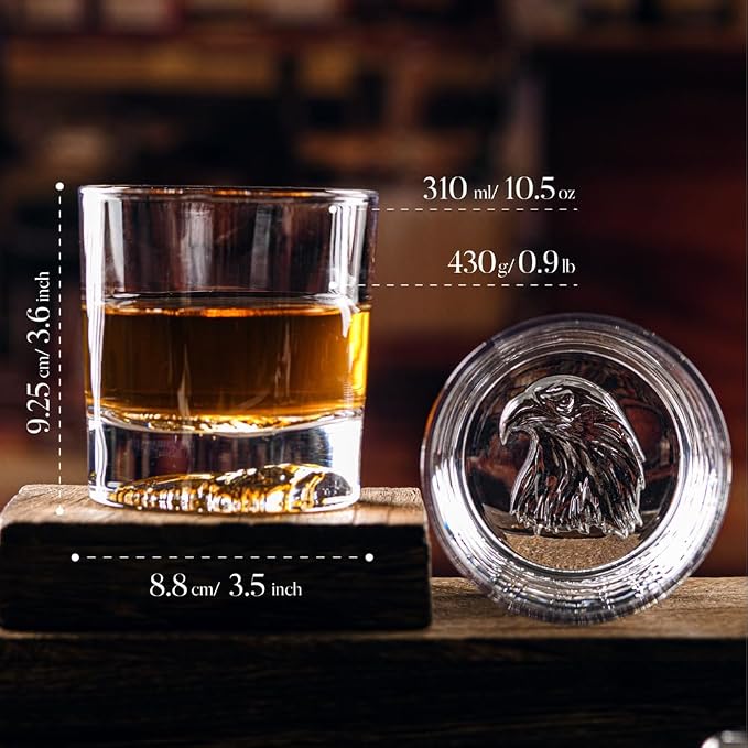 Whiskey Glasses Set of 4 with Eagle Pattern 10 oz Old Fashioned Glasses | Suit - Image 2
