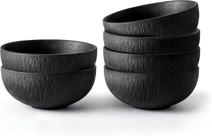 Bowl Set of 6, 20.4 oz Matte Marble Pattern Stoneware Soup Bowls | Black by KINGSTONE