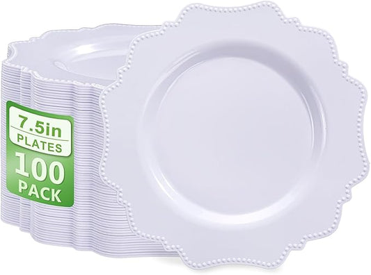 COLOSUS 100pcs 7.5 Inch White Plastic Dessert Plates,Heavy Duty Disposable Appetizer Plates,Premium Plastic Salad Plate,Fancy Disposable Cake Plate for Party, Thanksgiving and Everyday Use