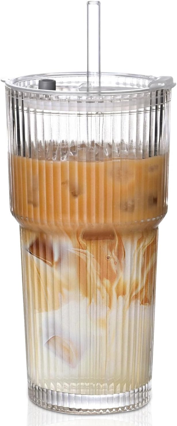20oz Ribbed Glass Cups with Lids and Straws, Iced Coffee Cups Drinking Glasses by AUFXKOO