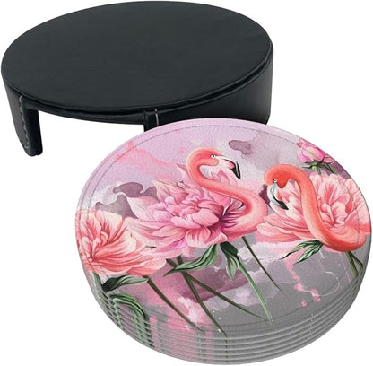 6 Pcs Pink Cute Flamingo Modern Art Boho Leather Coasters - Image 3