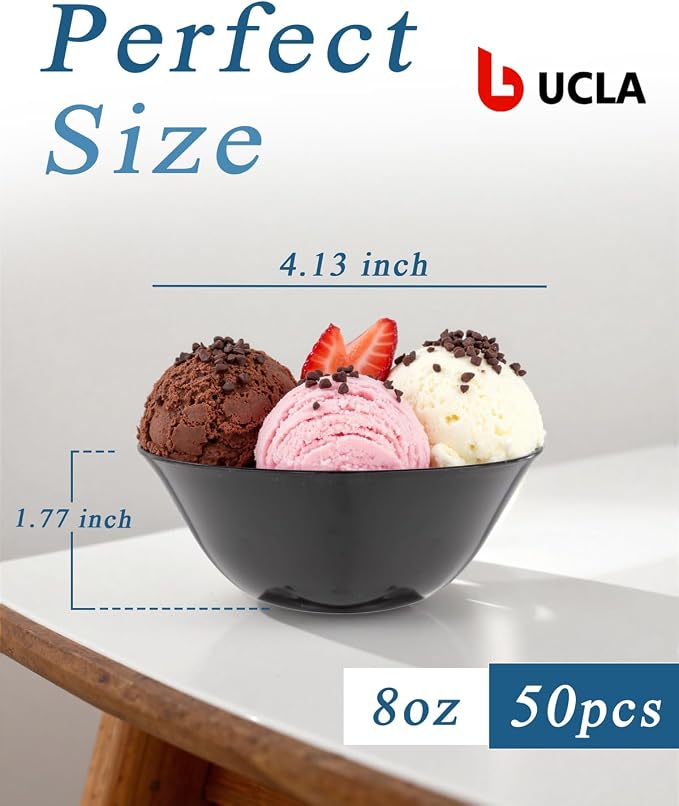 bUCLA 50 Pack Black Plastic Small Bowls - 8oz Disposable Ice - Image 2
