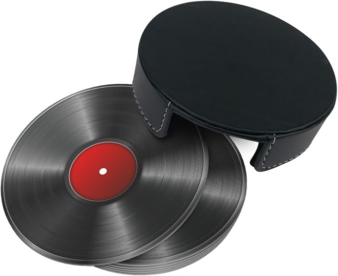 Drink Coasters with Holder Stand Set of 6, Phonograph Record Vinyl Pu Leather - Image 7
