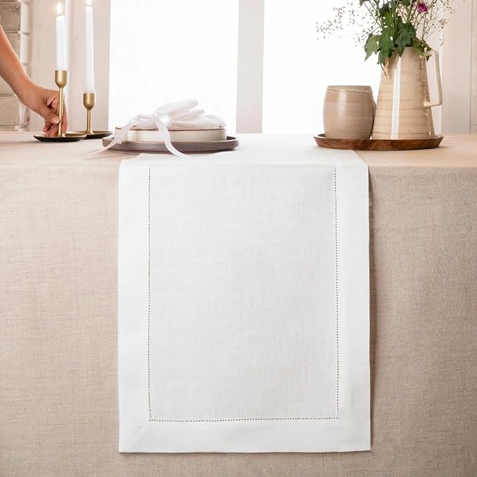 D'Moksha Homes Linen White Table Runner 90 Inches Long - Classic Hemstitch 100% Pure Linen White Dining Table Runner 14 x 90 Inch for Valentines, Spring, Easter