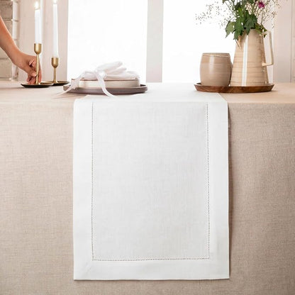 D'Moksha Homes Linen White Table Runner 60 Inches - Classic Hemstitch, 100% Pure Linen Coffee Table Runner 14 x 60 Inch Ideal for Dresser Tables, Valentines, Spring, Easter