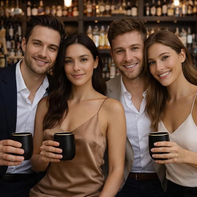 40 Pack Disposable Plastic Wine Glasses 12 oz Black Gold Rim Matte Cups | - Image 6