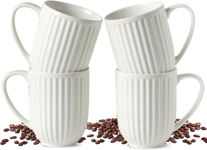 HASENSE Textured Large Coffee Mugs Set of 4, 16 Oz Ribbed Ceramic Cups by Hasense