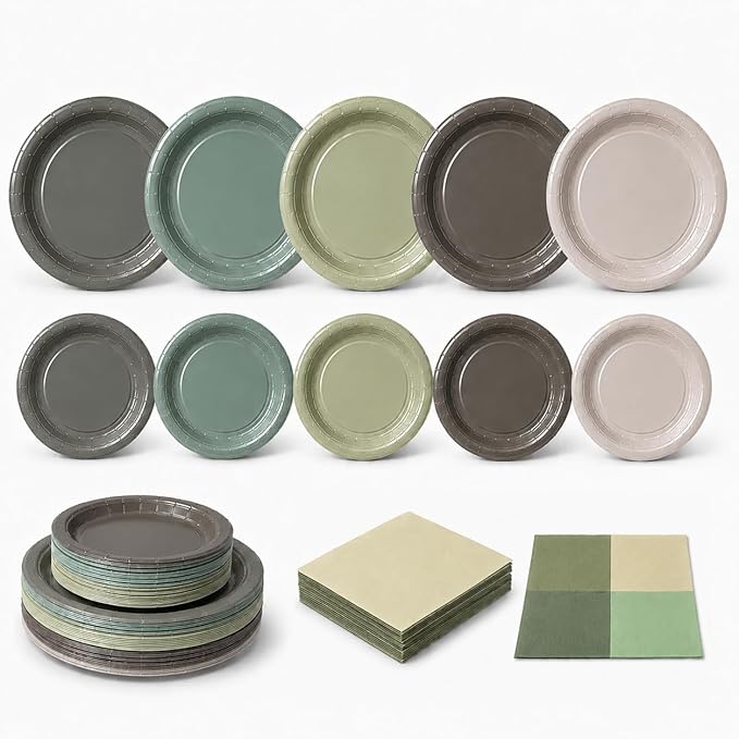 Sage Green and Beige Party Supplies, Disposable Dinner Plates, Dessert Plates by RVXHUA