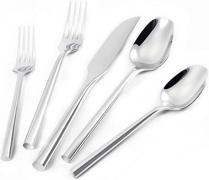Silverware Set 20-Piece Stainless Steel Mirror Polishing Silver Cutlery, Hand Forged Thick Hexagon Handle Flatware Sets, Service for 4