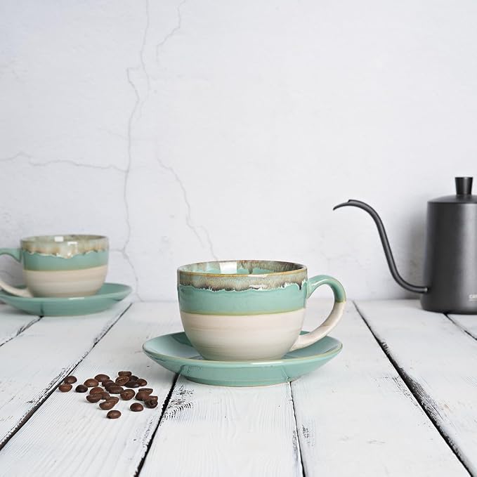 Bosmarlin Ceramic Cappuccino Cup and Saucer Set of 2, 10 Oz, Coffee Cups - Image 4