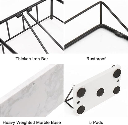Livabber Flat Napkin Holder, Metal Kitchen Napkin Storage with Weighted Tension Arm Rustic Tissue Paper Dispenser for Countertop, Table Kitchen, Dining Room (with Marble Base, Black Napkin Holder Set)