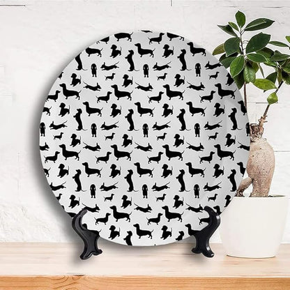 Ceramic Display Plate, Dog Lover Ceramic Hanging Decorative Plate, Monochrome Dachshunds in Numerous Stances Active Life, 7 Inch, Living Room Kitchen Decoration Household, Black White
