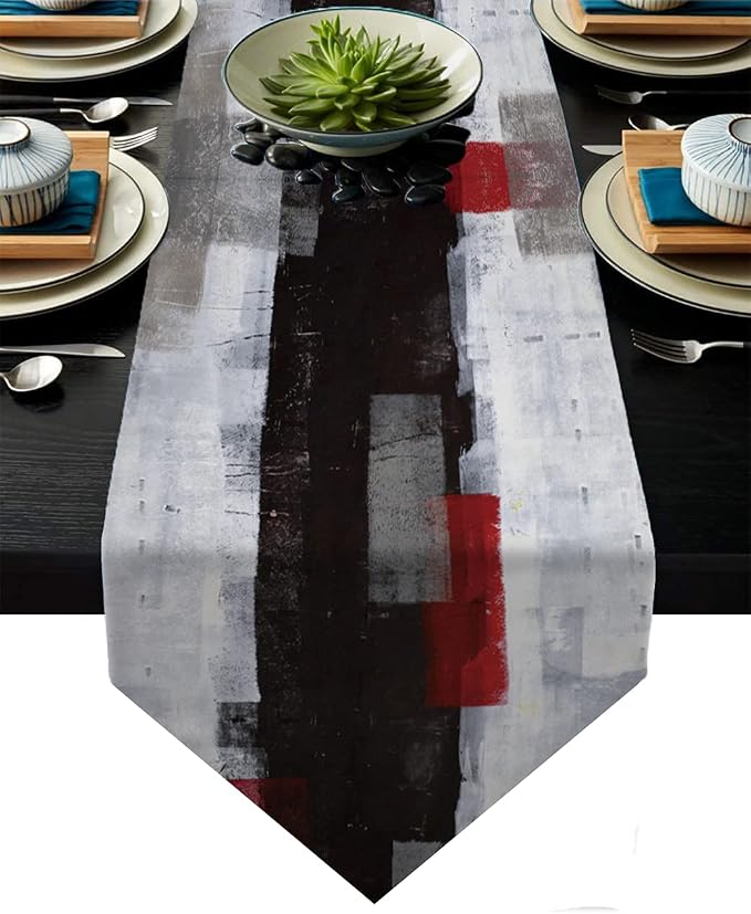 Modern Burlap Table Runner, Abstract Red and Black Art Table Runners by AILUER