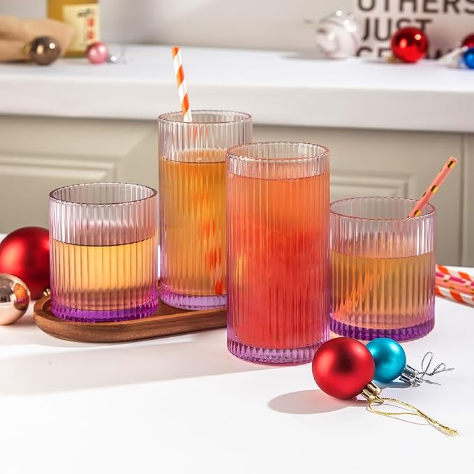 Ribbed Drinking Glasses 8pcs, 12oz and 10oz Glassware, Tumbler Glasses Cup Set - Image 2