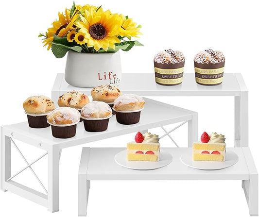 ELITEROO White 3-Tier Cupcake Stand & Wooden Display Riser, Dessert Stand for Cupcakes, Food, Perfume, Makeup, Dolls, Collectibles, Multi-Tiered Shelf Organizer for Market Vendors & Retail Display