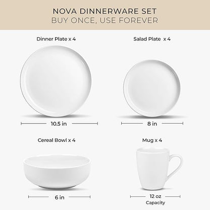 Zulay Kitchen Nova Porcelain Dinnerware Set, Service For 4 - Chip & Scratch Resistant White Plates And Bowls Sets - Microwave & Dishwasher Safe - White