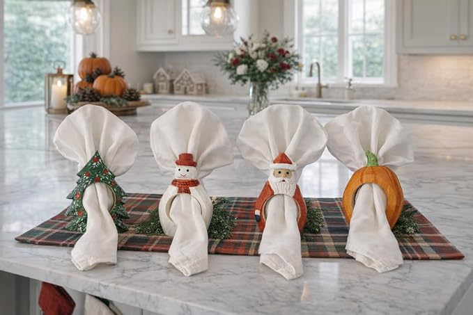 Set of 4 Hand-Carved Wooden Holiday Napkin Rings, Christmas Tree, Pumpkin & - Image 2