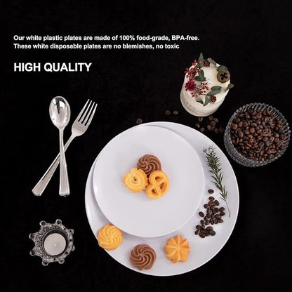 PULOTE 100PCS White Plastic Plates Disposable - Heavyweight 50 White Dinner & 50 Dessert/Salad Plates for Wedding, Party
