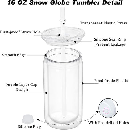16 oz Plastic Snow Globe Tumbler, 8 Pack Double Wall Snowglobe Tumbler - Image 4