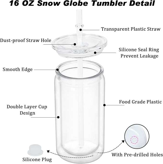 16 oz Plastic Snow Globe Tumbler, 16 Pack Double Wall Snowglobe Tumbler - Image 4