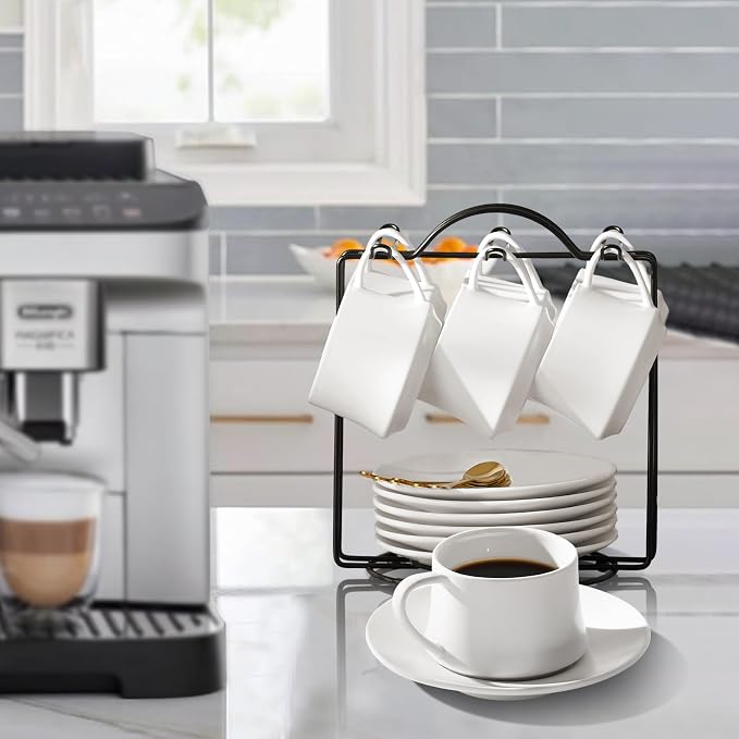 Lareina 7-Ounce Porcelain Cappuccino Cups Set of 6, Stackable Coffee Cups - Image 4