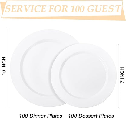 FLOWERCAT 200PCS White Plastic Plates Disposable Plates for Party - Heavy Duty Plastic Plates - 100 10" Dinner Plates and 100 7" Salad Plates for Wedding & New Year Parties and Events