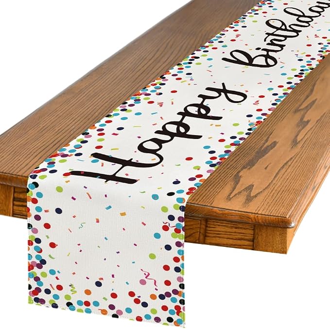 Artoid Mode Polka Dot Beige Happy Birthday Table Runner, Seasonal Kitchen by ArtoidMode