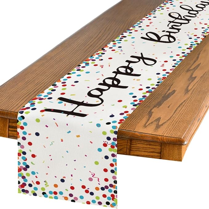 Artoid Mode Polka Dot Beige Happy Birthday Table Runner, Seasonal Kitchen by ArtoidMode