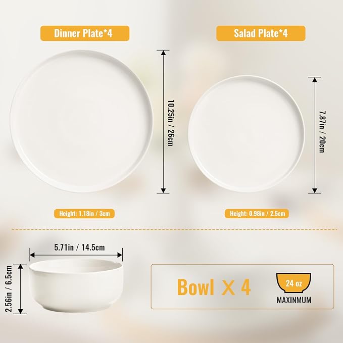 EWFEN Plates and Bowls Sets, 12 Pieces Ceramic Dinnerware Set - Image 4