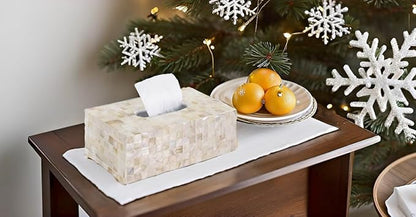PEMAR Rectangular Mother of Pearl Lacquer Nacre Inlay Wood Tissue Box, Handmade Rectangle Tissue Box Cover Holder Decorative Napkin Dispenser Organizer Rustic Farmhouse Vintage Decor (White Sand)