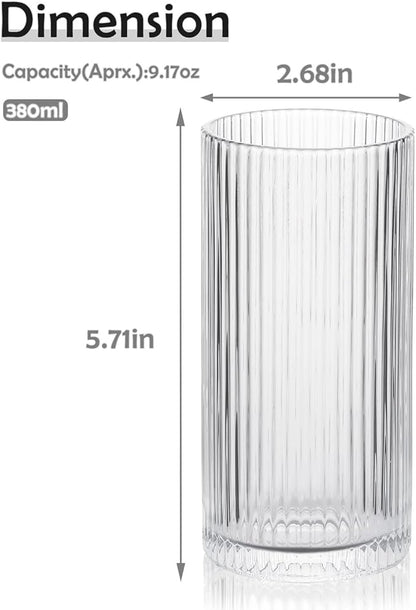 WHJY Ribbed Glassware Tall Highball Glasses Unique Everyday Drinking Glasses Set of 4 for Cocktail, Whiskey, Beer, Juice -13 oz 5.7"