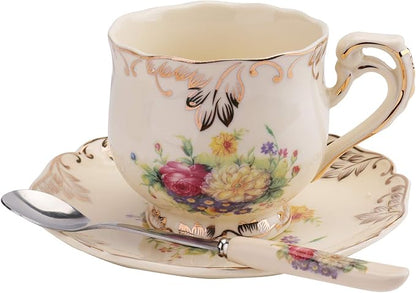 Foraineam Set of 2 Tea Cup and Saucer, 8 oz. Flowering Shrubs Ivory Ceramic - Image 4