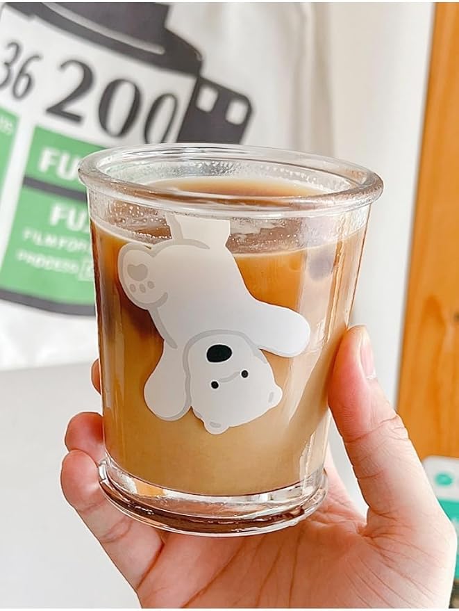 2 Pack 12 OZ Cute Dog Glass Cup Bear Drinking Glasses | Thick Sturdy - Image 2