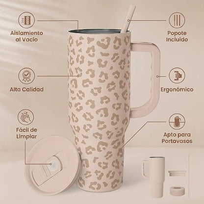 SANDJEST Leopard Tumbler with Handle, Insulated Cup Stainless Steel Travel Mug - Image 2