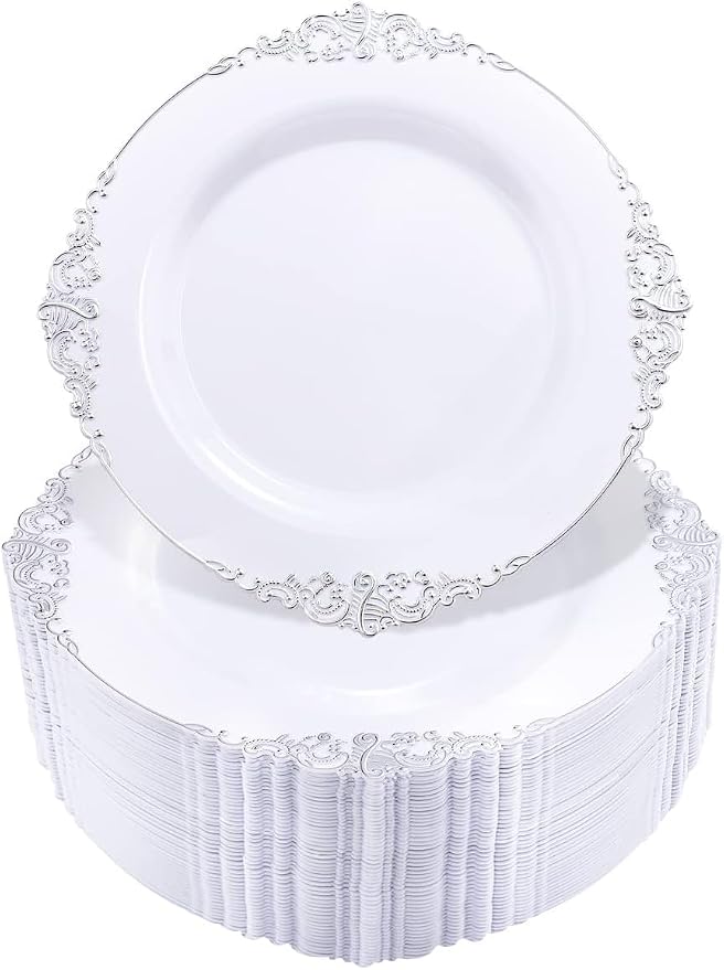 100 Pcs White Silver 7.5" Dessert Plates | 7.5" Disposable Dessert Plates by Hioasis