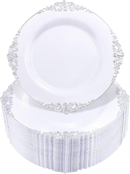 100 Pcs White Silver 7.5" Dessert Plates | 7.5" Disposable Dessert Plates by Hioasis