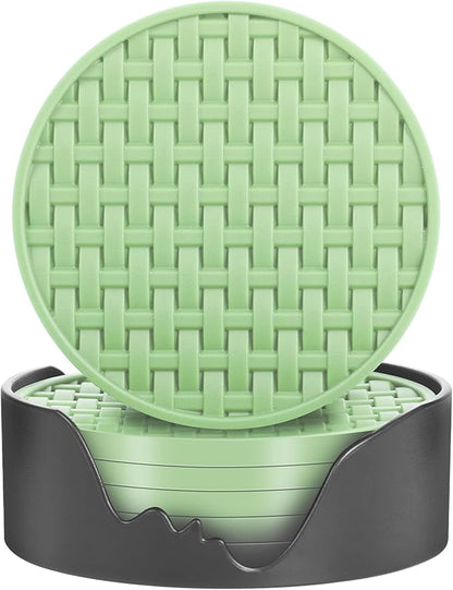 Green Silicone Coasters Set of 6 with Holder, 4 Inch Round Non-Slip Heat Resistant Waterproof Coaster, Decorative Cup Mats for Coffee Table, Home, Kitchen, Office, Bar