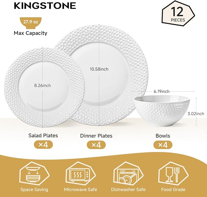 12Pcs Hammered Rim White Bone China Set, Service - Image 2