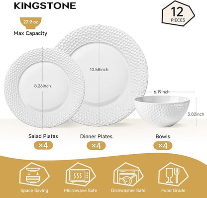 12Pcs Hammered Rim White Bone China Set, Service - Image 2