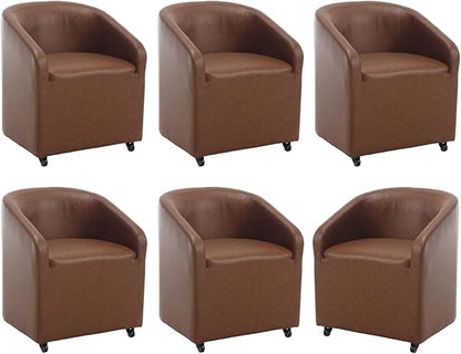 Modern Barrel Dining Chairs with Rolling Casters Set of 6, Upholstered PU Leather Swivel Dining Room Chairs with Wheels for Kitchen Living Room Home Office, Brown
