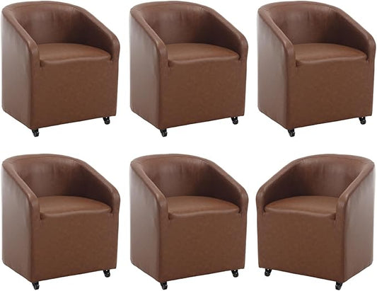 Modern Barrel Dining Chairs with Rolling Casters Set of 6, Upholstered PU Leather Swivel Dining Room Chairs with Wheels for Kitchen Living Room Home Office, Brown
