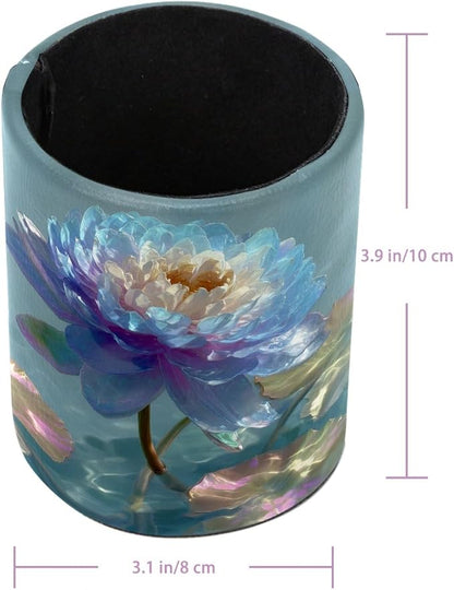Leather Pen Holder for Desk, Water Lily Pencil Cup Pen Organizer Makeup Brush - Image 3