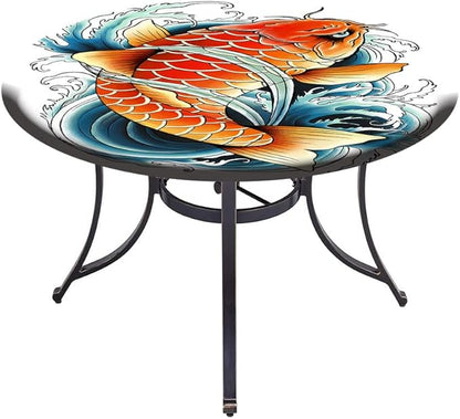Polyester Tablecloth, Koi Fish Waterproof Oil-Proof PVC Table Cloth, Tattoo Style Japanese Wave, Fit Round Tables 28inch Diameter, Holiday Party Home Kitchen Dining Table Decoration, Multicolor