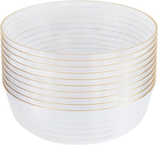 PLASTICPRO [30 Pack 6 OZ Bowls Edge Collection Clear with Gold Rim Plastic Party Dessert Bowls Premium heavyweight Elegant Disposable Tableware Dishes