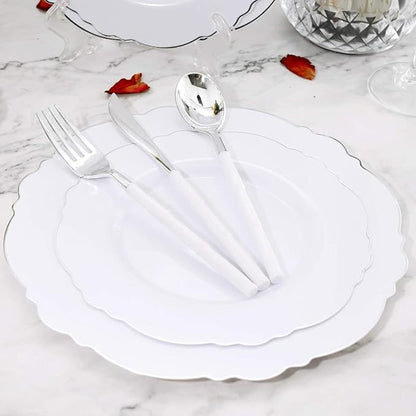 WDF 100pcs Silver Plastic Plates - High-end Baroque Design - Heavy Duty White &Silver Plates for Christmas Upscale Parties &Wedding